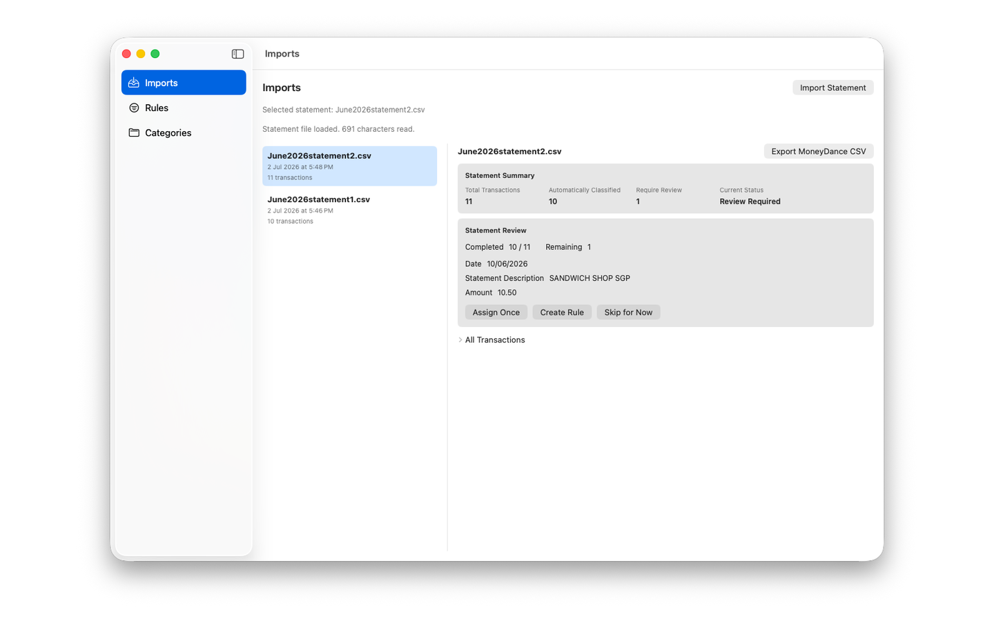 MoneyDance Import Assistant automatic reuse