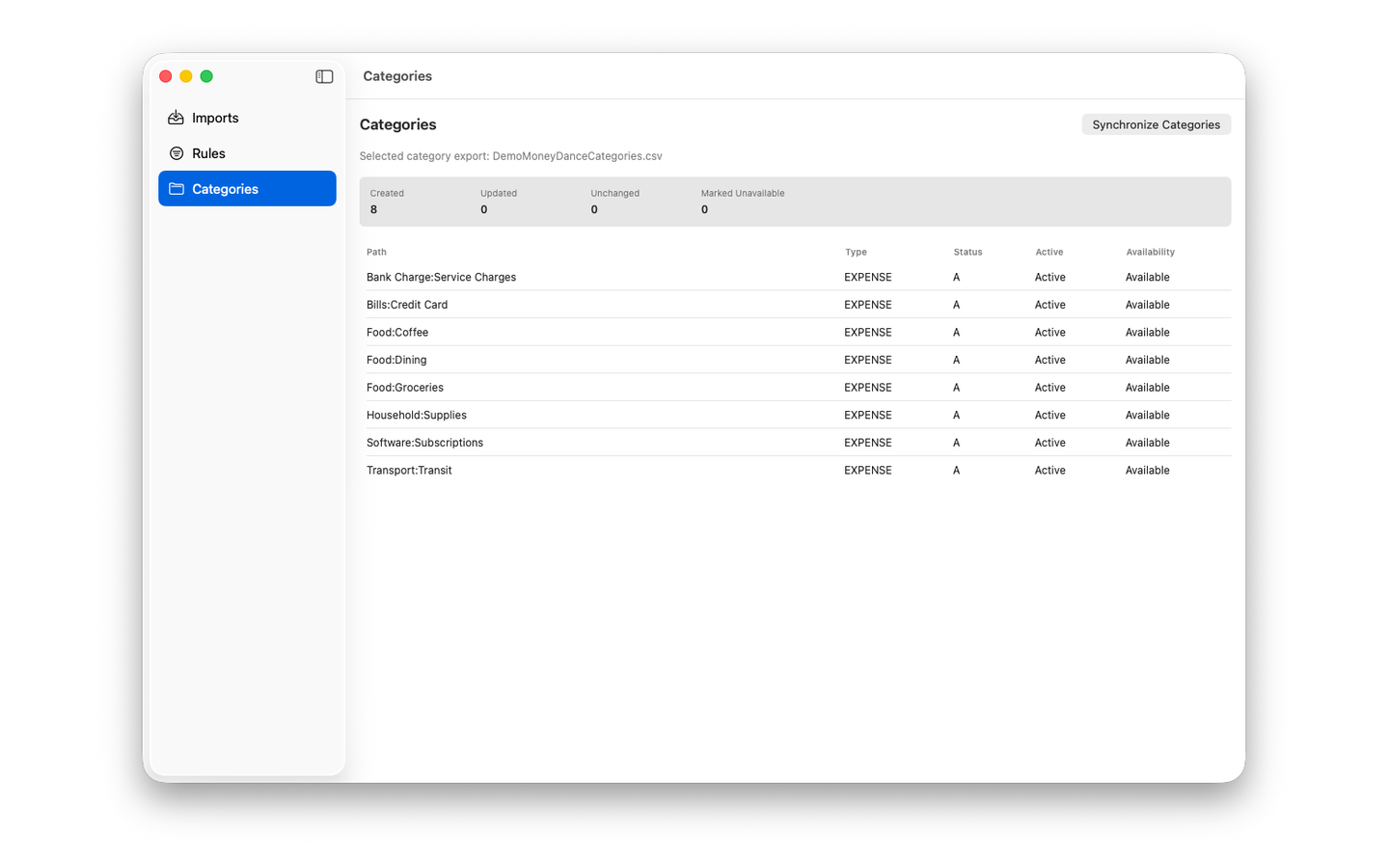 MoneyDance Import Assistant categories