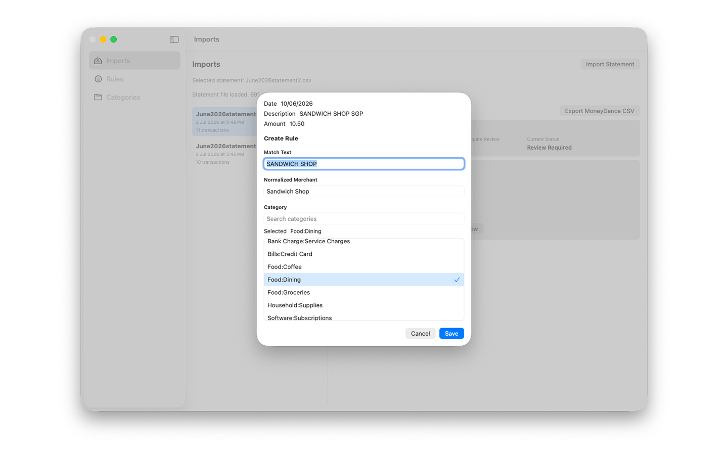 MoneyDance Import Assistant create rule