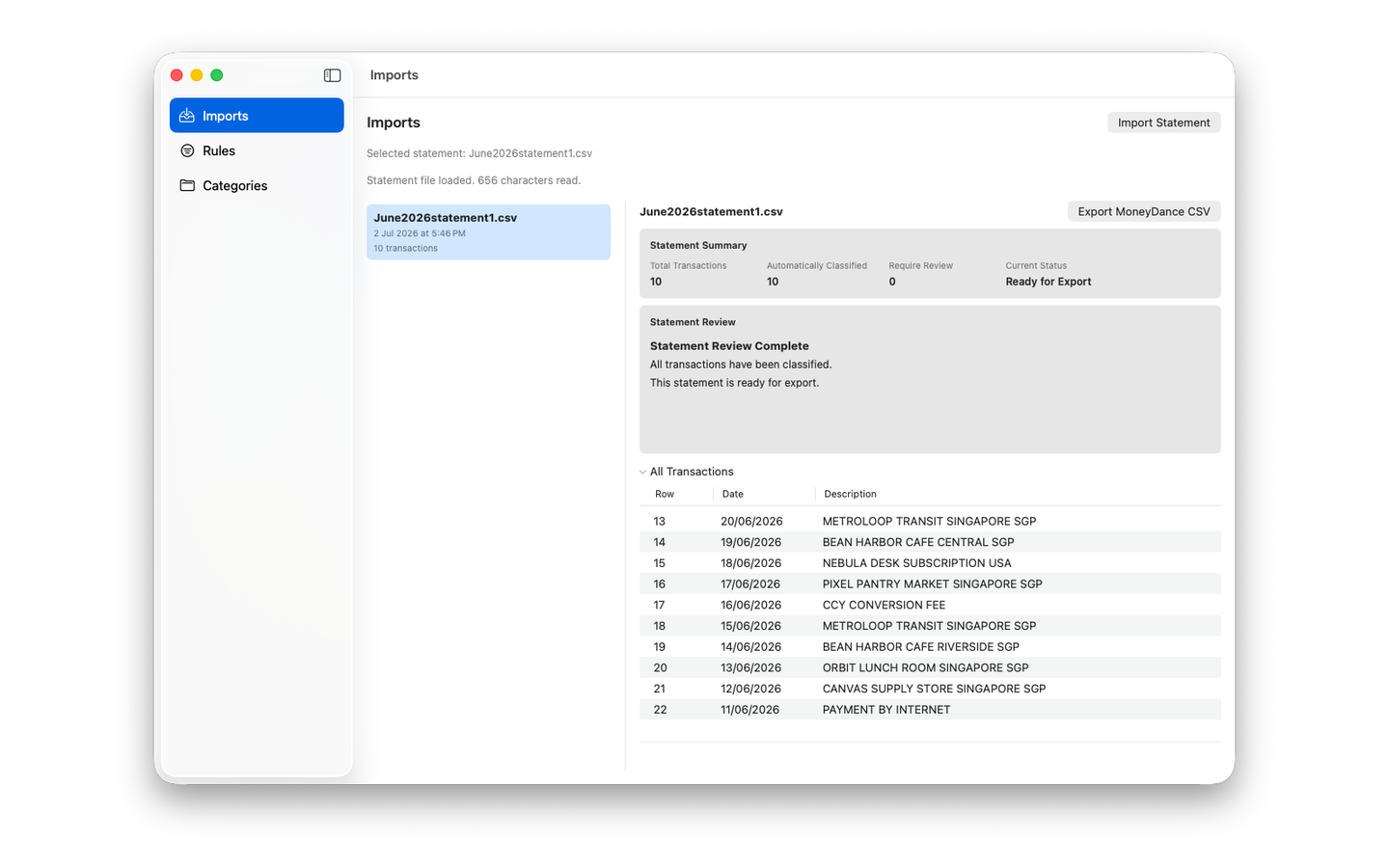 MoneyDance Import Assistant imported and processed statement